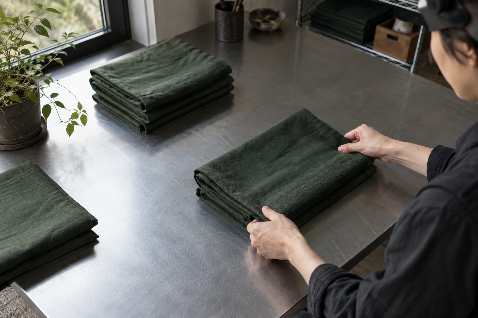 Concept photograph of a folding task on a steel worktable